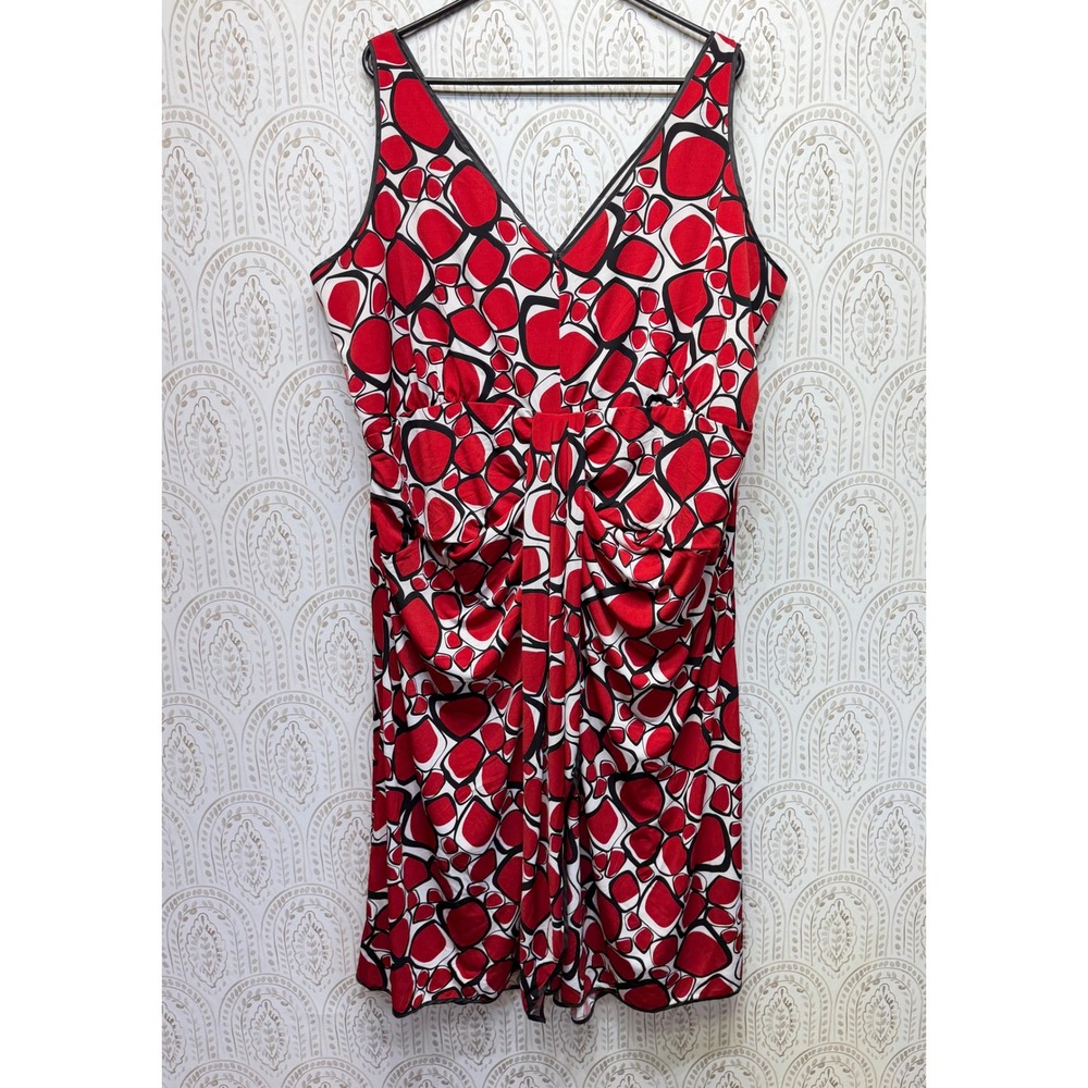 Midnight Velvet Ruched‎ Midi Dress Womens 2X Red Geometric Pebble Print V-Neck